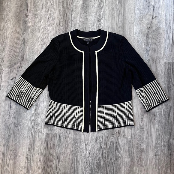 Ming Wang Sz small Black Pale Yellow Acrylic 3/4 Knit Jacket Blazer - Picture 1 of 8